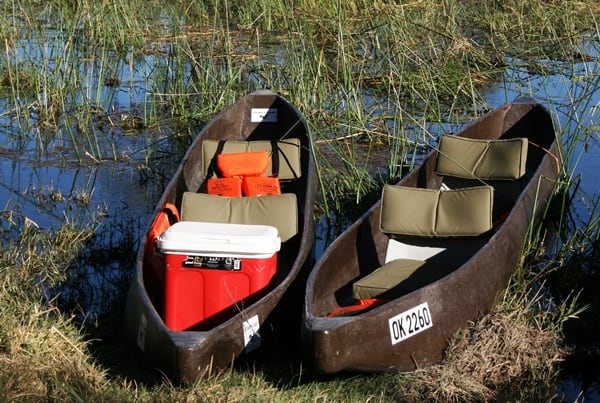 Mokoros lined up in the Okavango Delta after a safari, Botswana