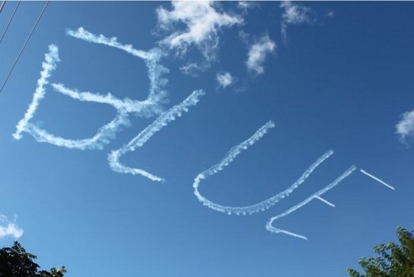 Blue Blue written in blue sky