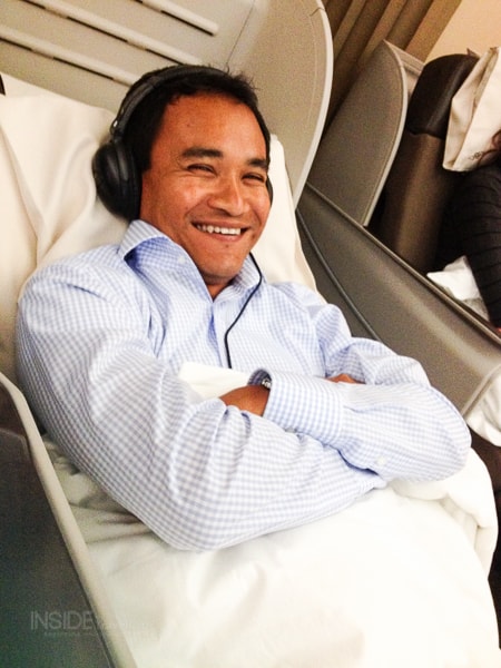 Royal Brunei Business Class Review - Keith Jenkins of Velvet Escape ready to sleep in reclining chair