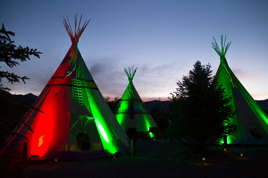 Glow in the dark tipis at Mustang Monument