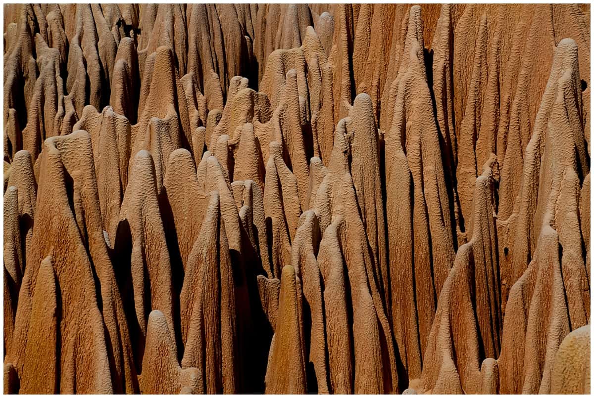 Close up of red tsingy rock formations in Madagascar