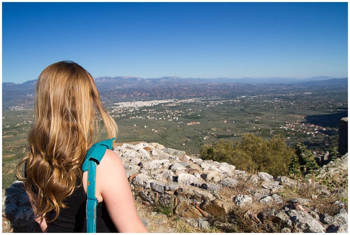 Abigail King gazing over the Greek countryside en route to Mystras in the Peloponnese