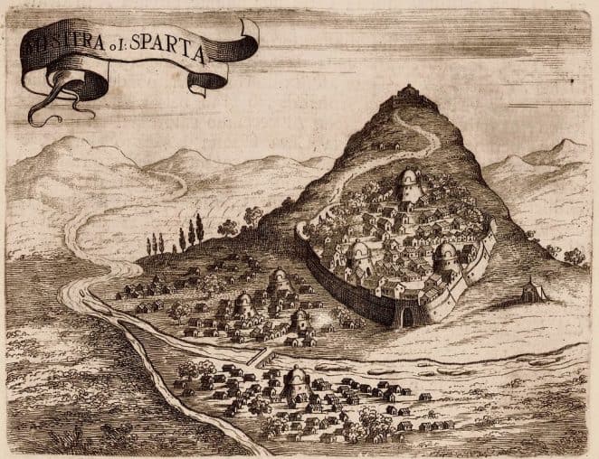 An old map of the ancient site of Mystras in the Peloponnese