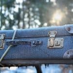 Blue suitcase in forest