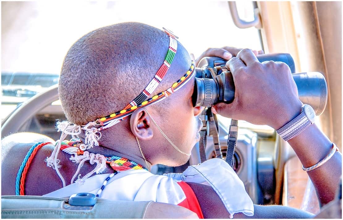 Safari guide in Kenya looking through binoculars