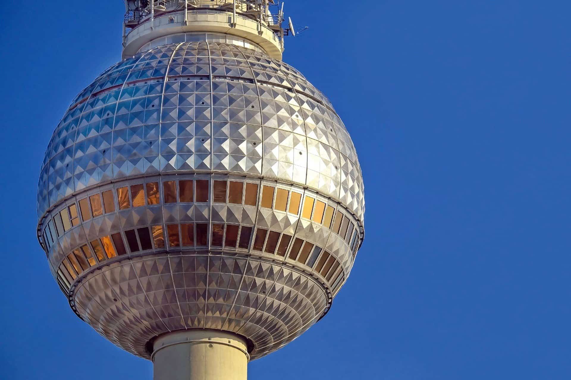 TV Tower against a clear blue sky in Berlin, Germany