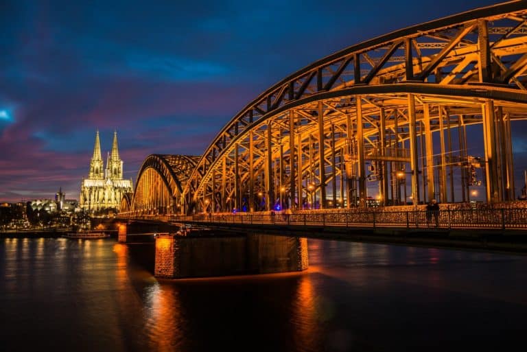 Germany - Cologne - Hohenzollern Bridge at Night with Dom Cathedral View for Two days in Cologne itinerary