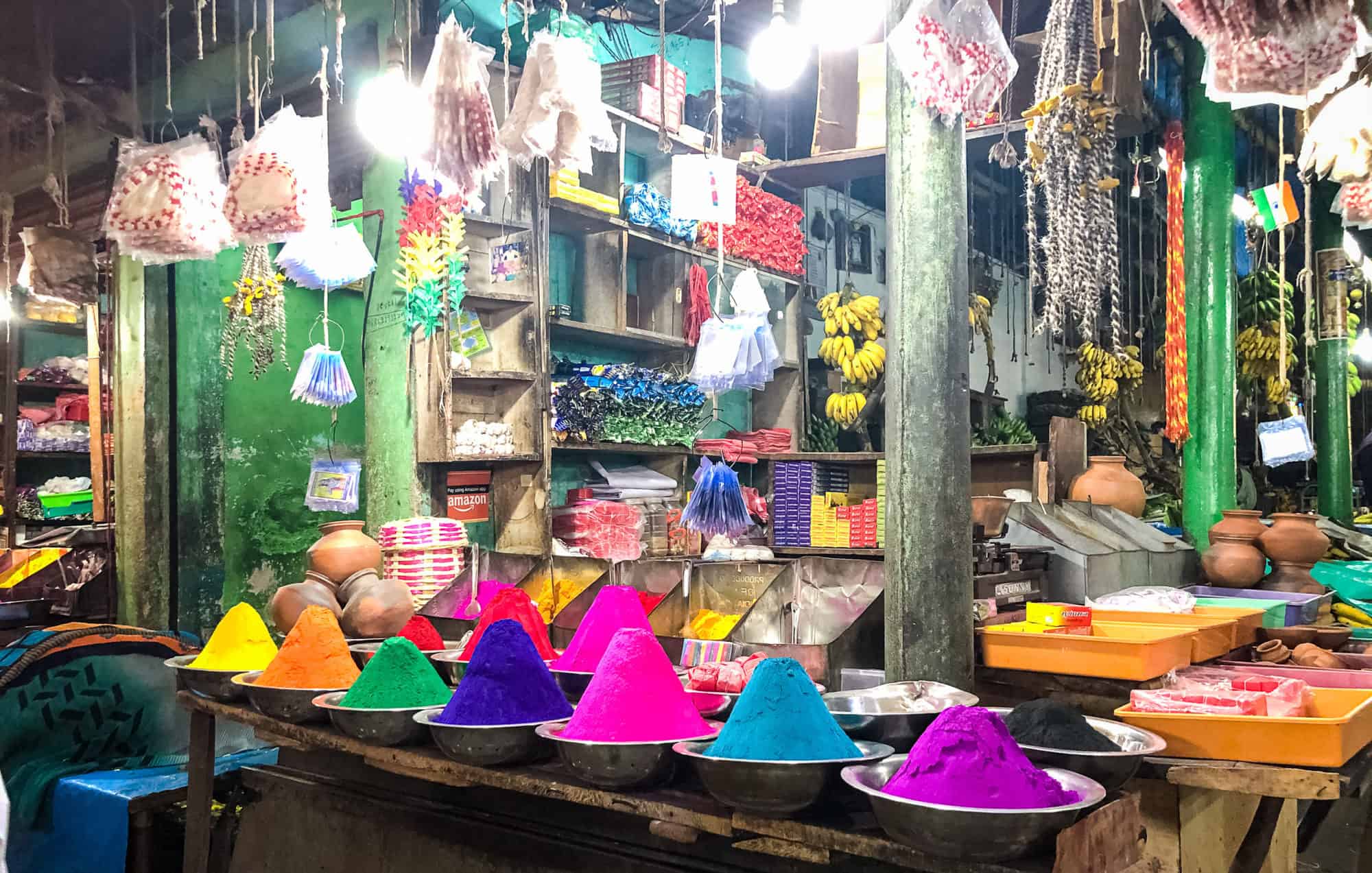 India - Karnataka - Mysore Devajara Marketplace - Mountains of pigment in market stall