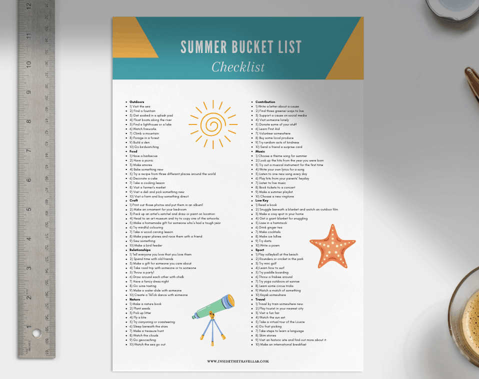 Bucket list for summer in colour printable flat lay