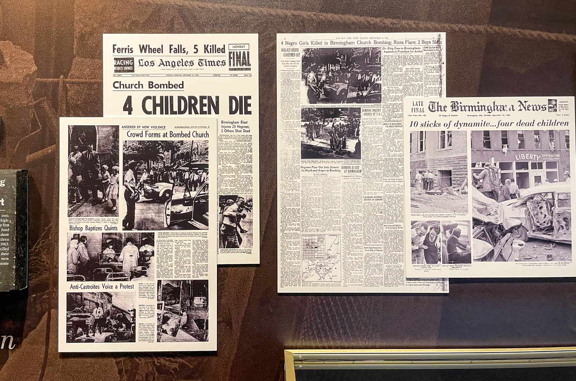 Inside Birmingham Civil Rights Institute in Alabama - News clippings of bombinat 16th Street