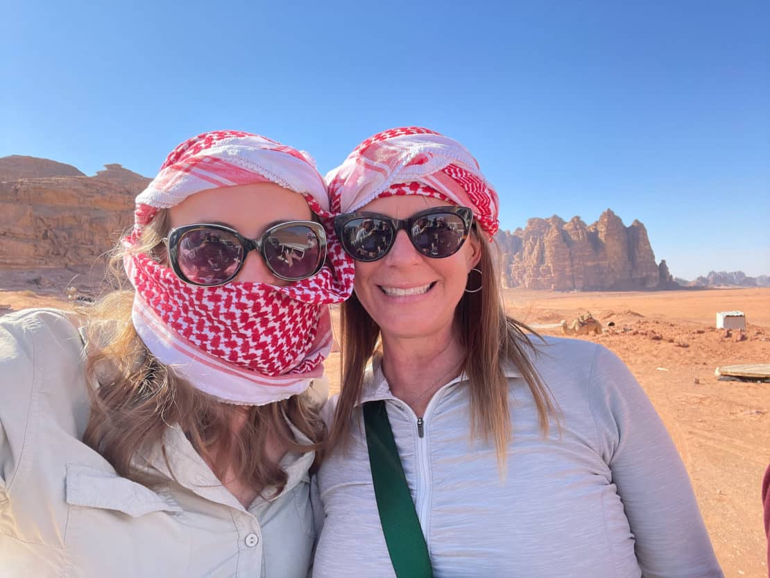 Jordan - Wadi Rum - Keffiyeh headscarves on Abi and Susan