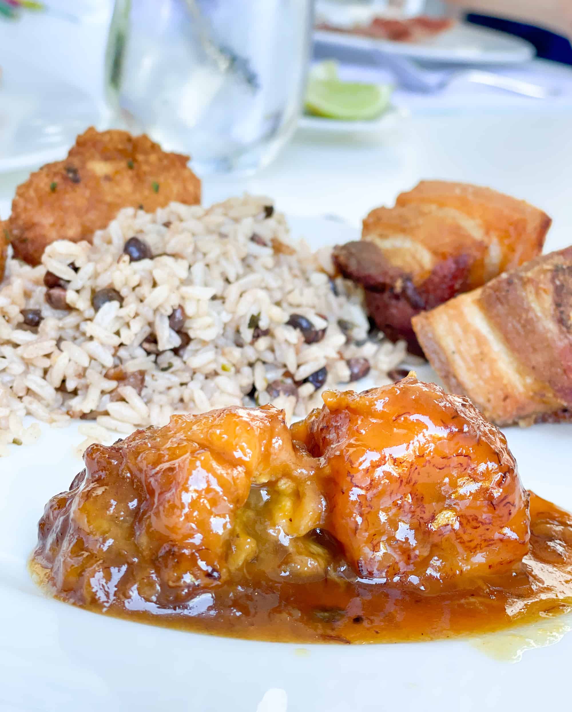 Dominican Republic - stewed plantain, manioc croquetas, pork belly and rice with pigeon peas