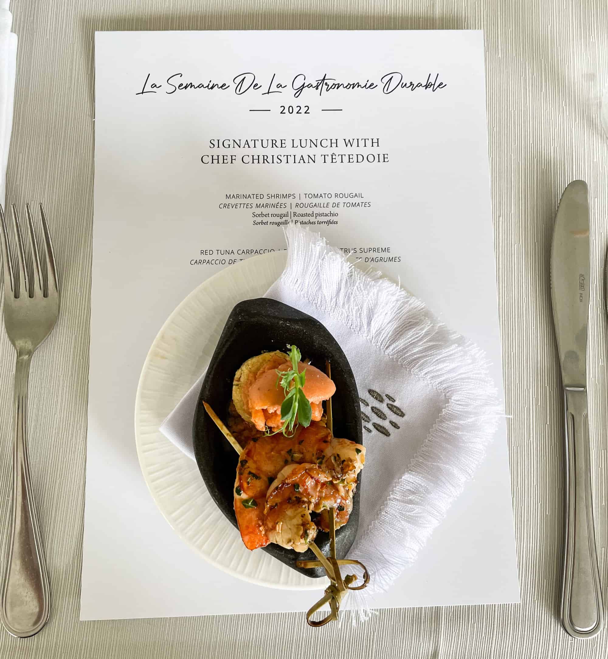 Mauritius - Telfair Heritage Resort - La semaine de la gastronomie durable signature lunch marinated shrimps with tomato rougail