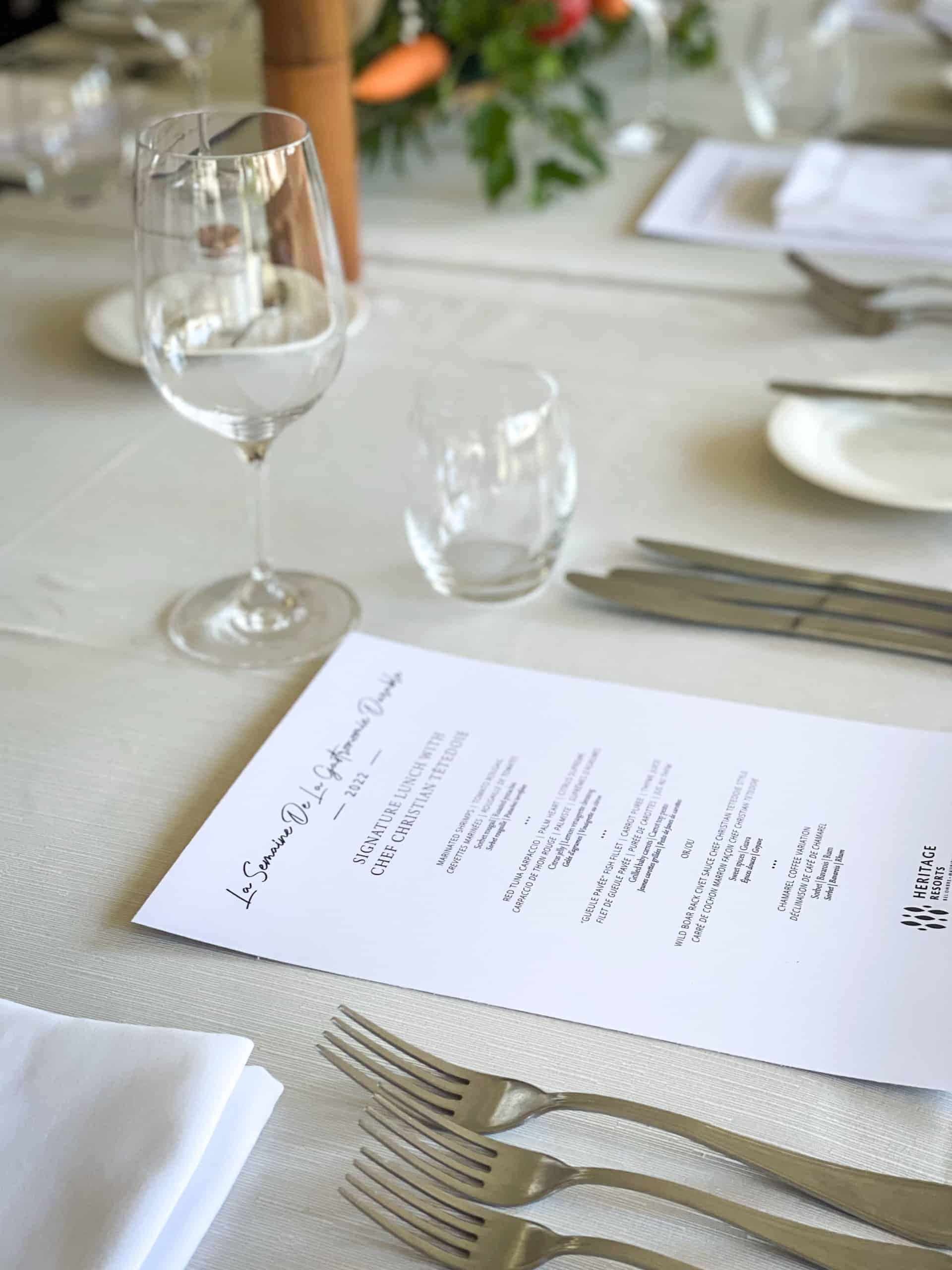 Mauritius - Telfair Heritage Resort - Signature Lunch with Chef Christian Tetedoie Menu and place settings