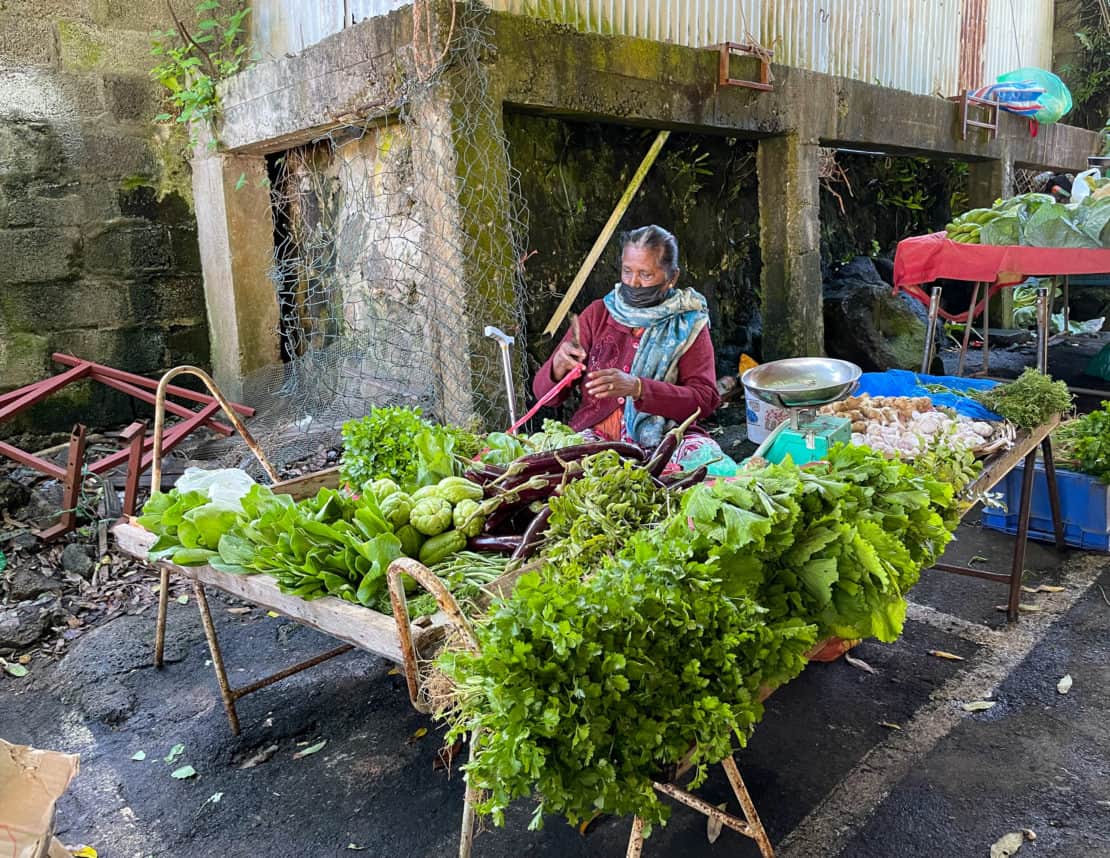 Mauritius - open air food market woman with vegetables