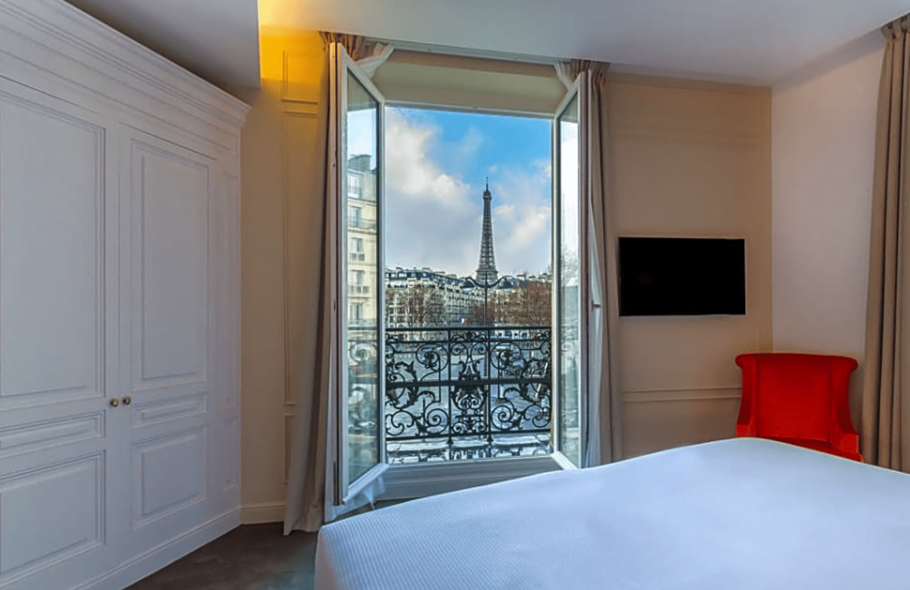 Hotel La Comtesse Room Interior with view of the Eiffel Tower