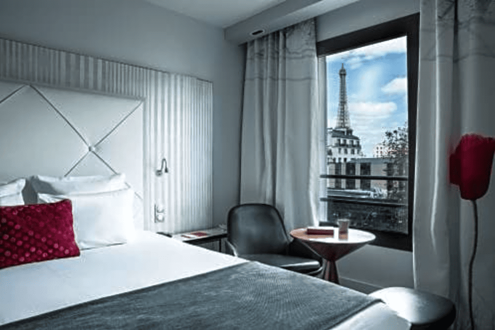 Interior room at Le Parisis Hotel with view of the Eiffel Tower