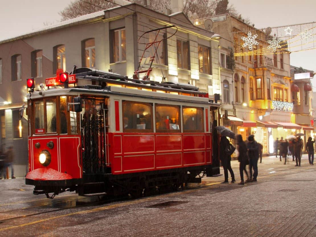 Red tram in Istanbul in winter