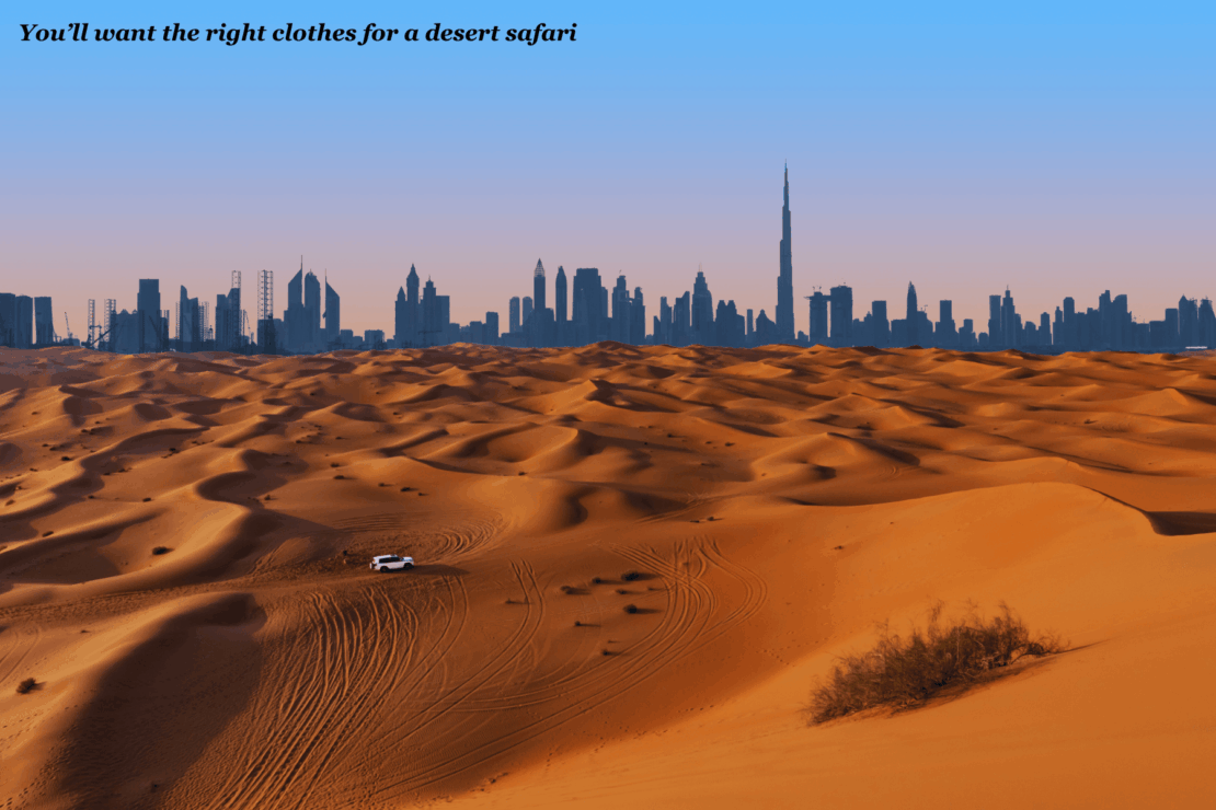Dubai skyline at sunset with the desert sands in the foreground - Dubai packing list 