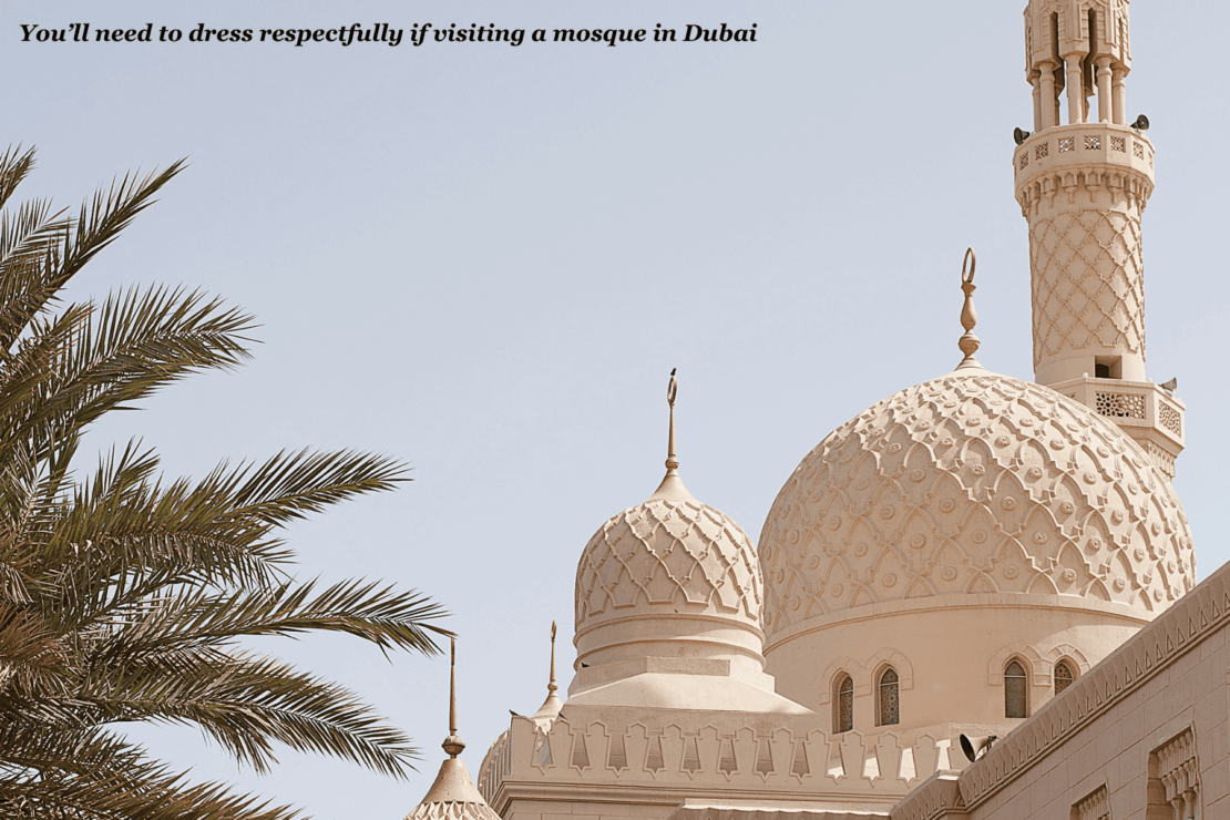 Palm trees in front of a mosque in Dubai - Dubai packing list 