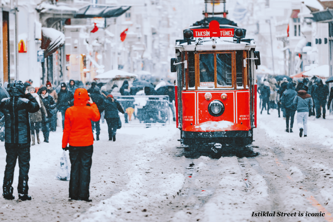 Tram in the snow on Istiklal Street - Istanbul in Winter