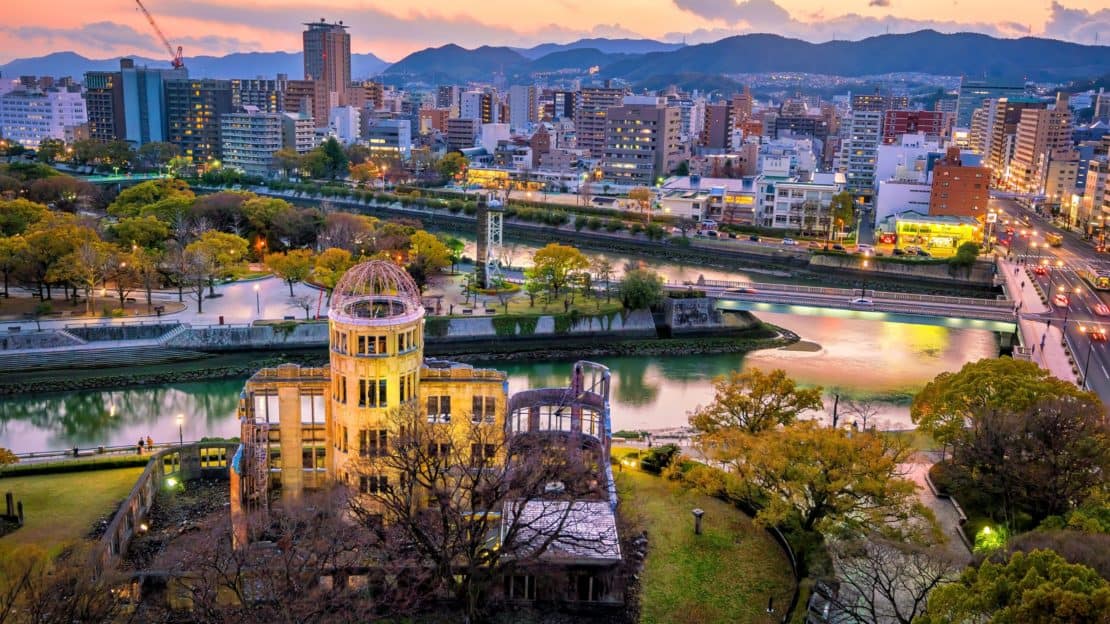 The city of Hiroshima by night in Japan