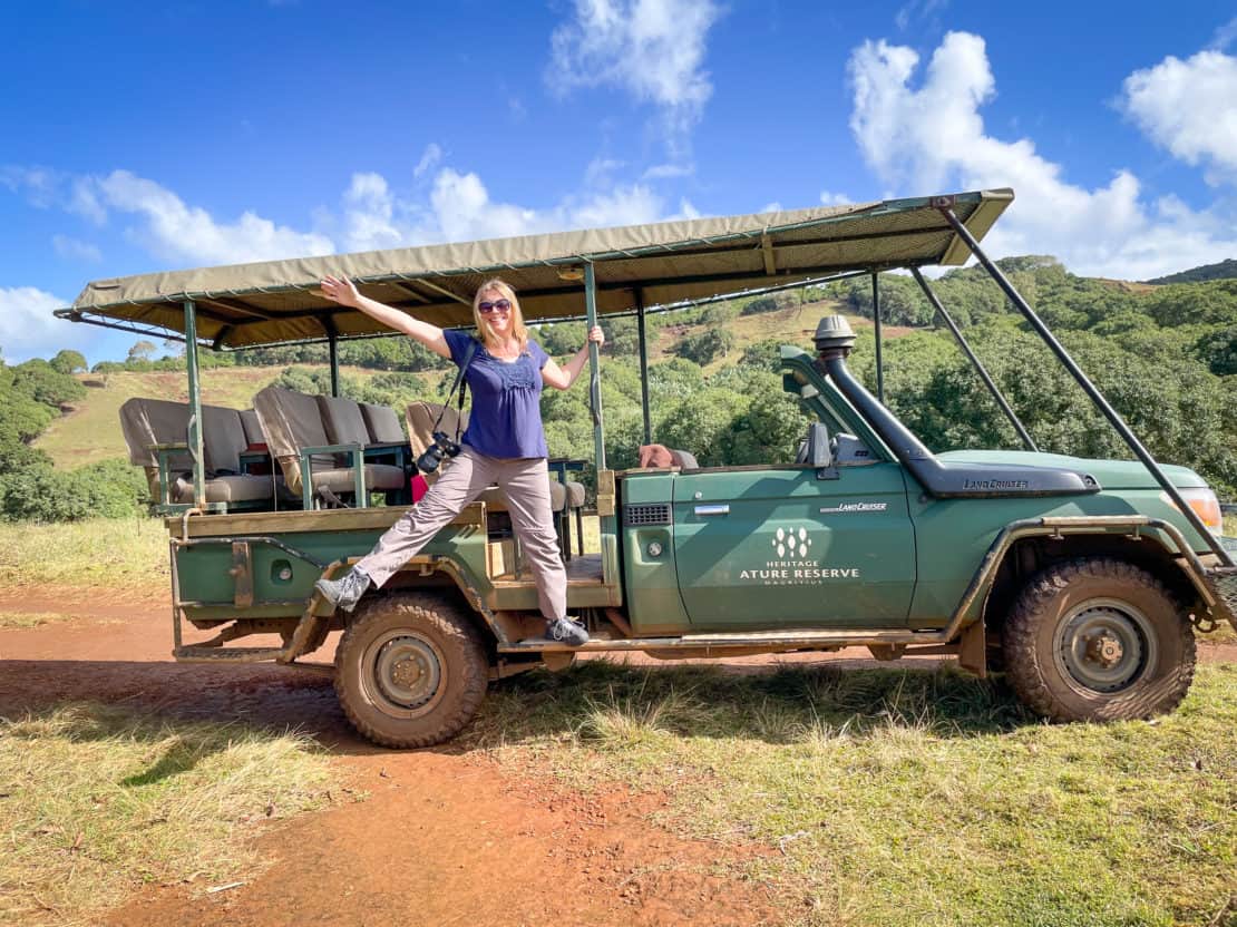 Mauritius - Bel Ombre Nature Reserve Heritage Resorts - Safari Jeep - Abigail King with camera looking happy