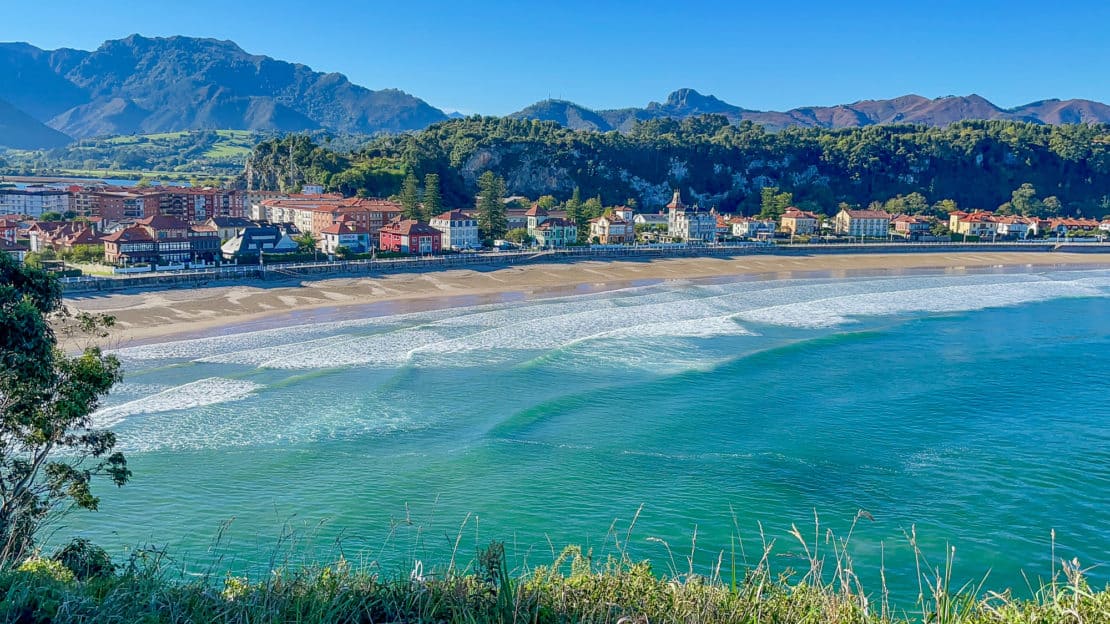 The view across the Indianas houses in Ribadesella along the sandy beach in Asturias, Spain