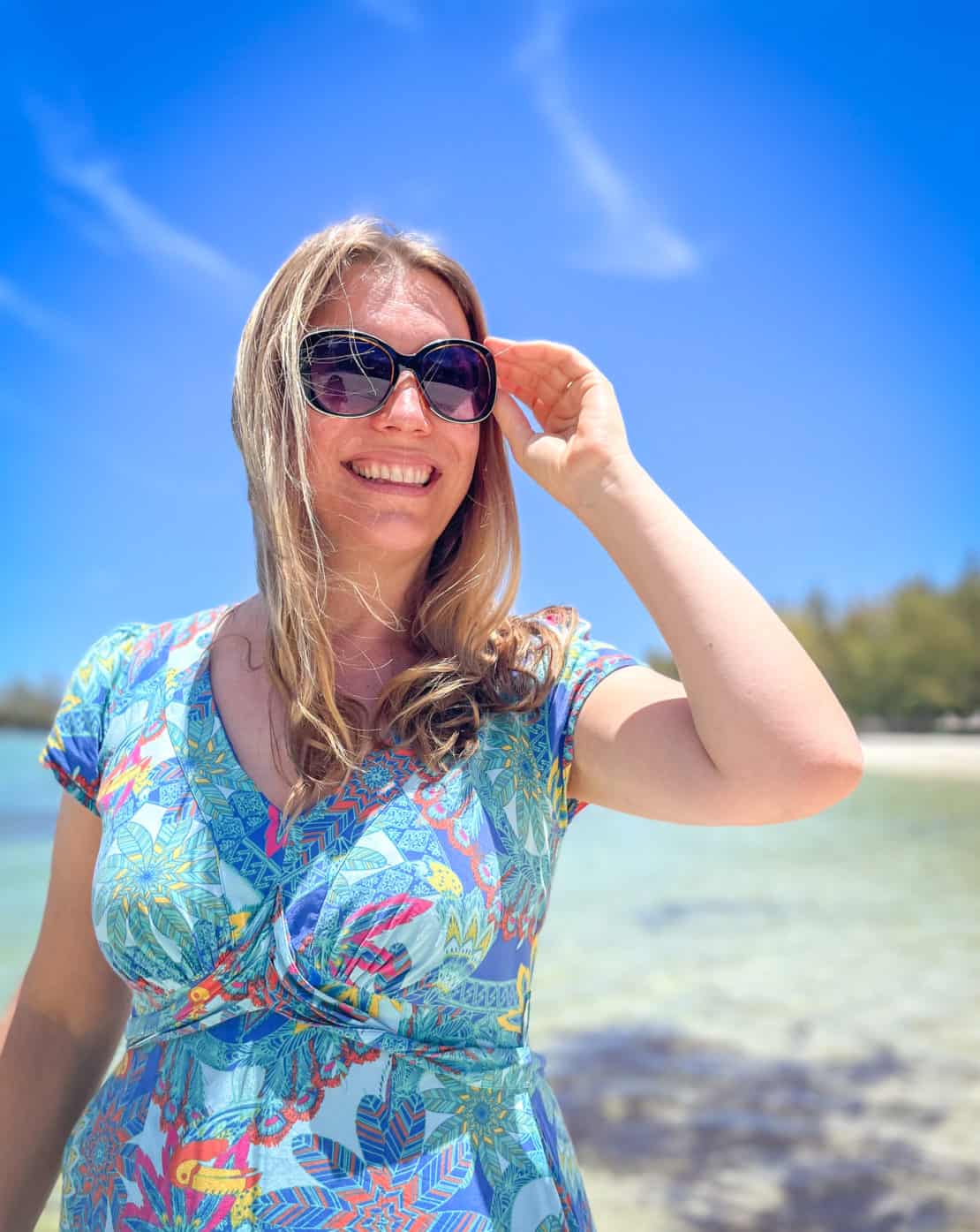 Abigail King on the beach at Ile aux Cerfs in Mauritius