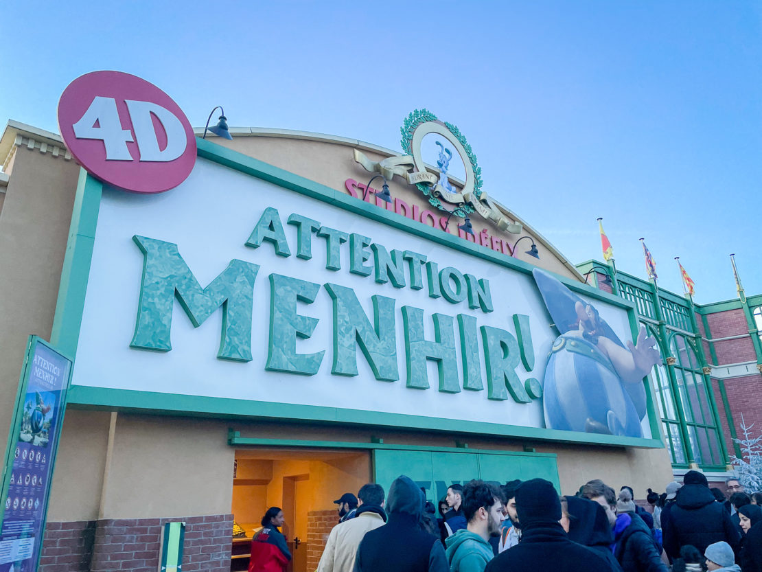 Exterior of Attention Menhir 4D Cinema attraction at Parc Asterix