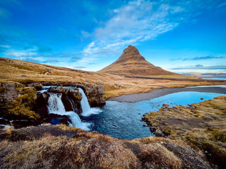 View of Kirkjufell Mountain and waterfall in Iceland as part of the Snaefellsnes Itineary