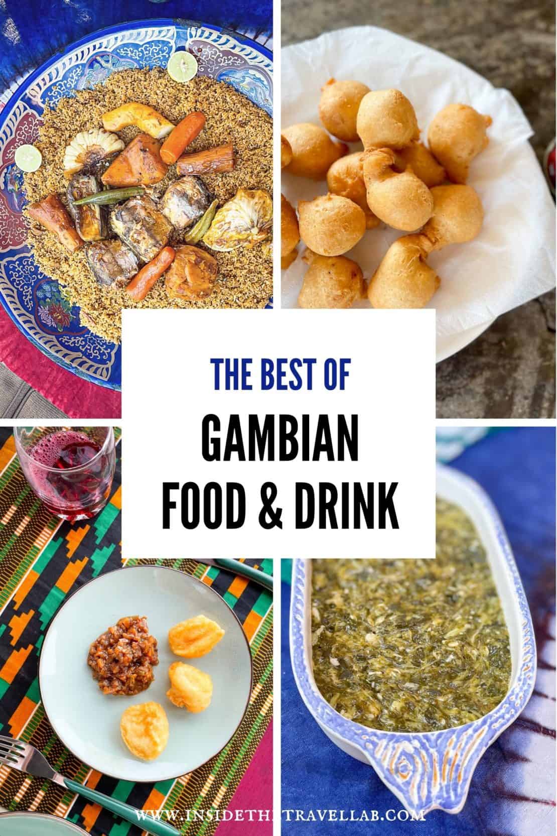 Cover image collage of food and drink from the Gambia for the article on Gambian cuisine