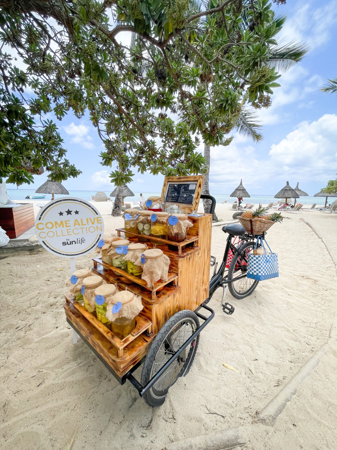 A cycling snack bar of traditional Mauritian snacks of pickled fruit and vegetables with chilli