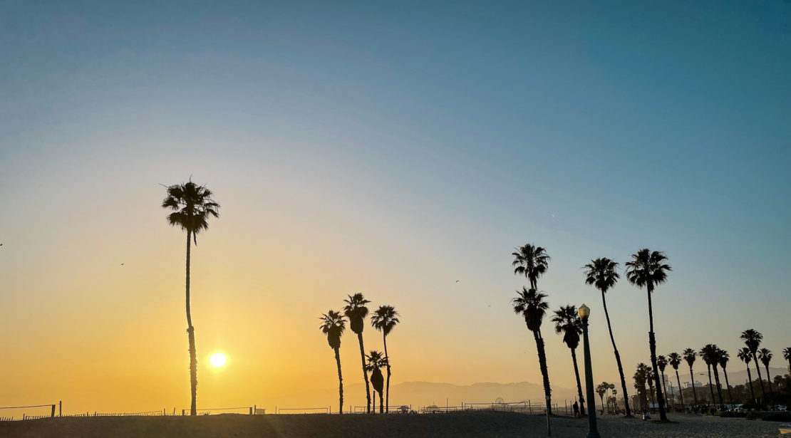 Sunset from Venice Beach looking at Santa Monica, Los Angeles USA 