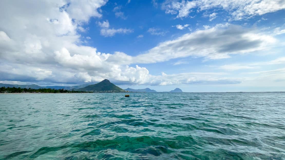 View of iconic Le Morne from the water in Mauritius