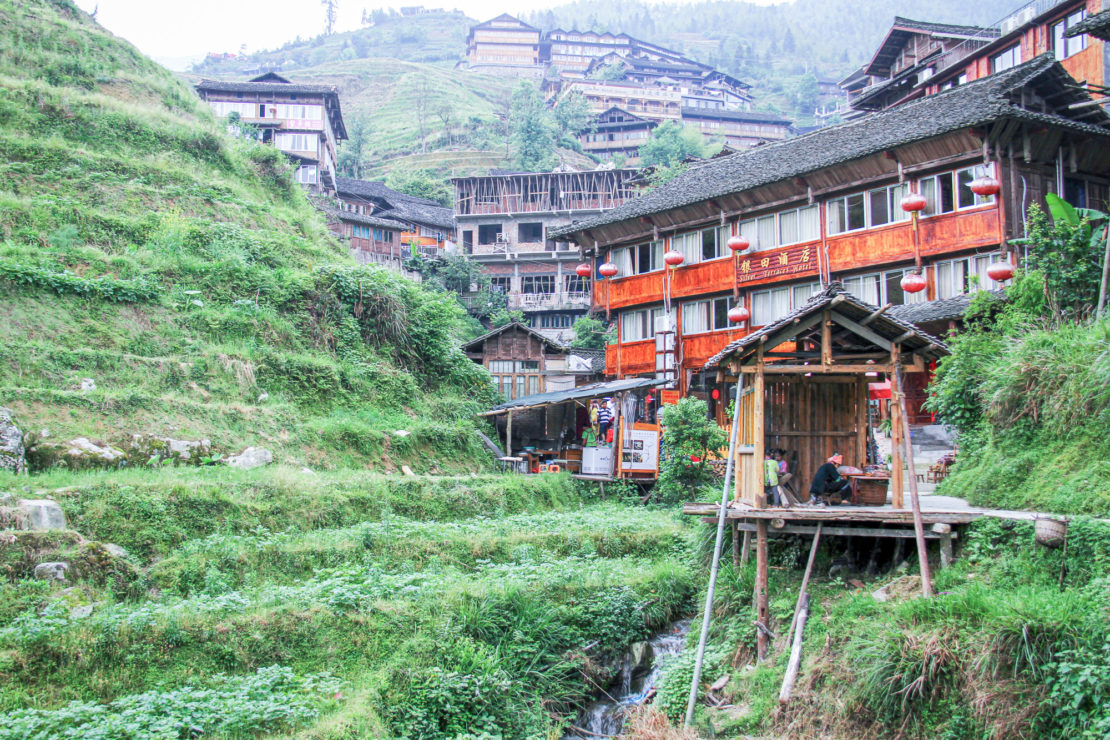 Wide view of the villages in the Longji terrace region near Huangluo and the Yao women ricewater recipe origins