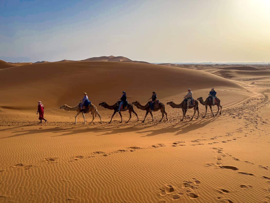 Caravan of camels at sunset in the Erg Chebbi dunes near Merzouga on a one week Morocco itinerary
