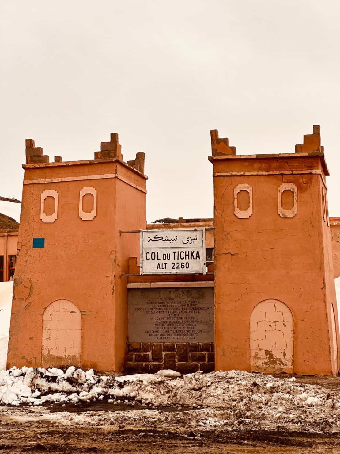 The Tichka pass building in the snow in the road back to Marrakech
