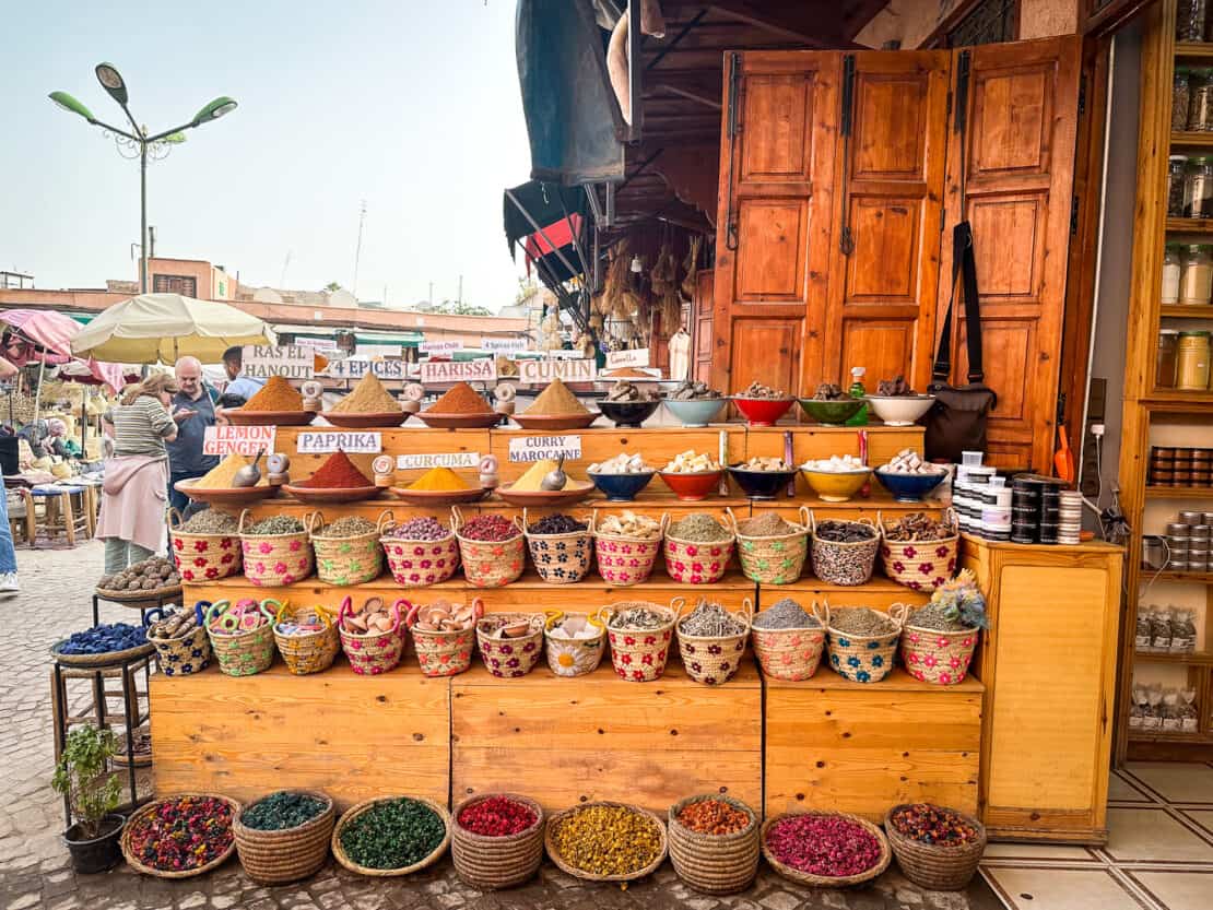 Rows of spices on display in the Medina in Marrakesh Morocco
