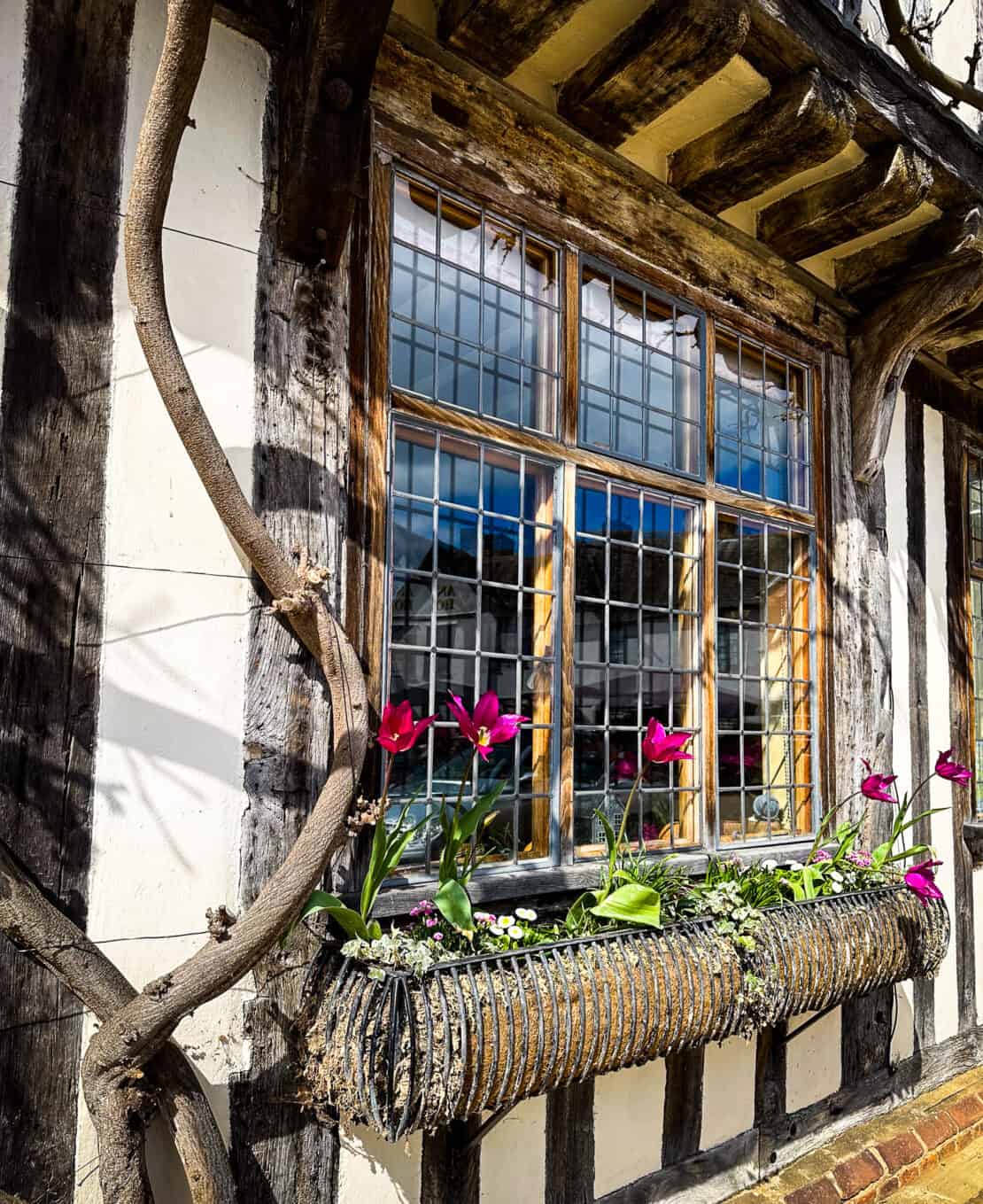 Old fashioned window and flower box in Lavenham England