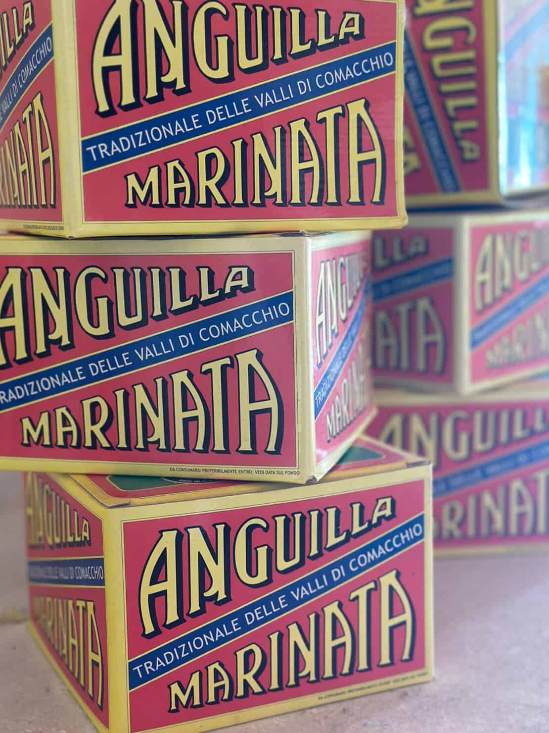 Boxes of marinated eels or anguilla marinata a traditional delicacy in Comacchio Italy