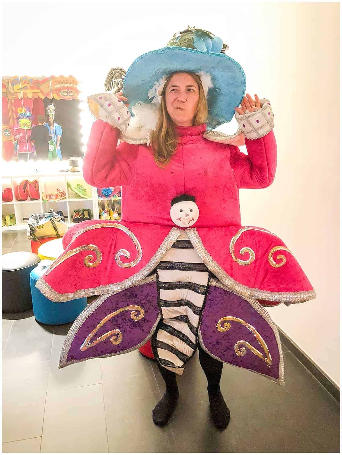 Abigail King in Tenerife Carnival Museum in a quirky costume