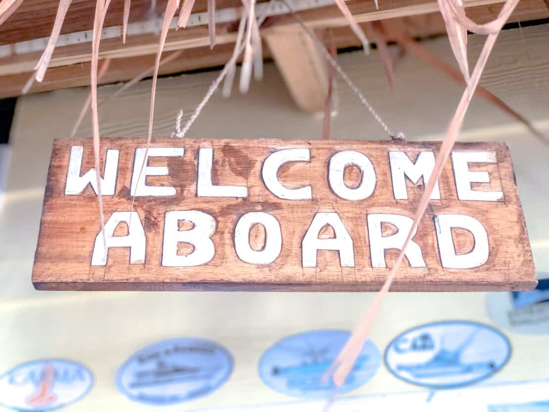 Welcome aboard sign in the Bahamas