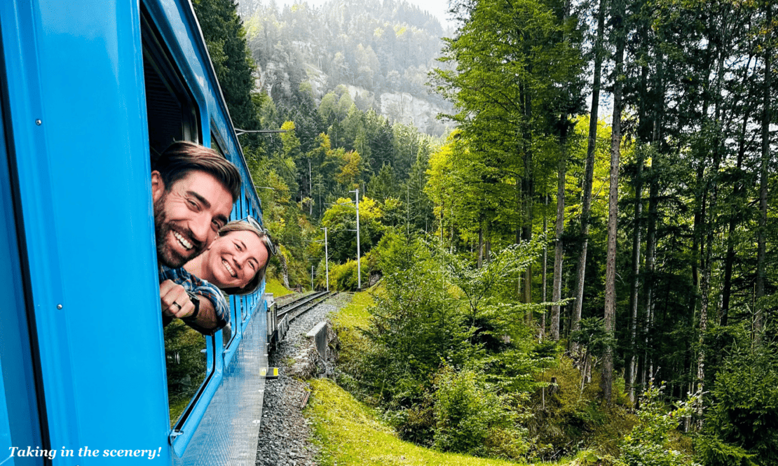 Abigail King and Macca Sherifi on the Rigi Train in Switzerland