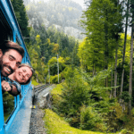Abigail King and Macca Sherifi in the Rigi train in Switzerland