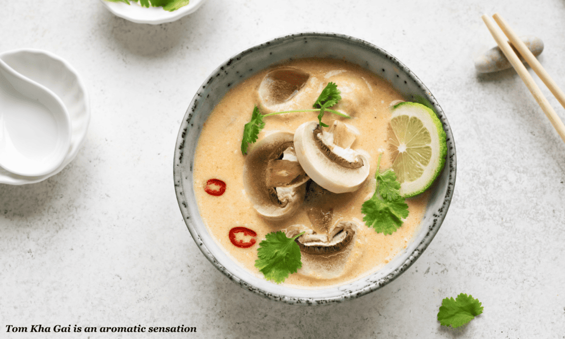 A bowl of Tom Kha Gai coconut milk soup, Thai food