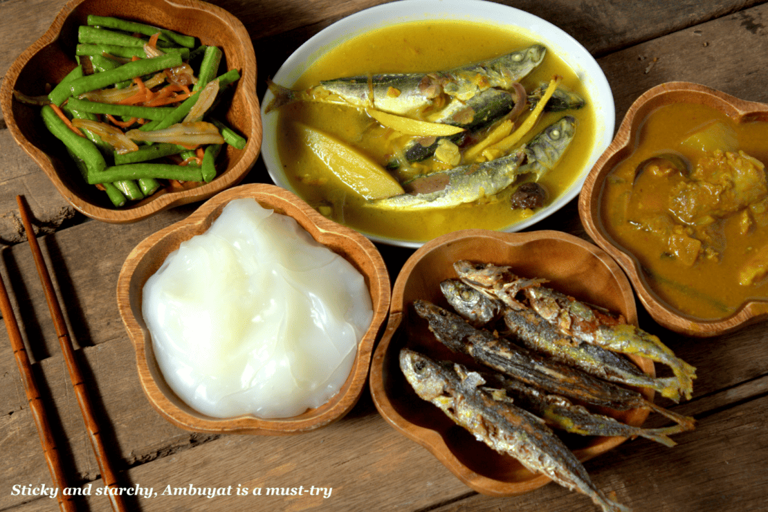 A platter of food in Borneo including ambuyat 