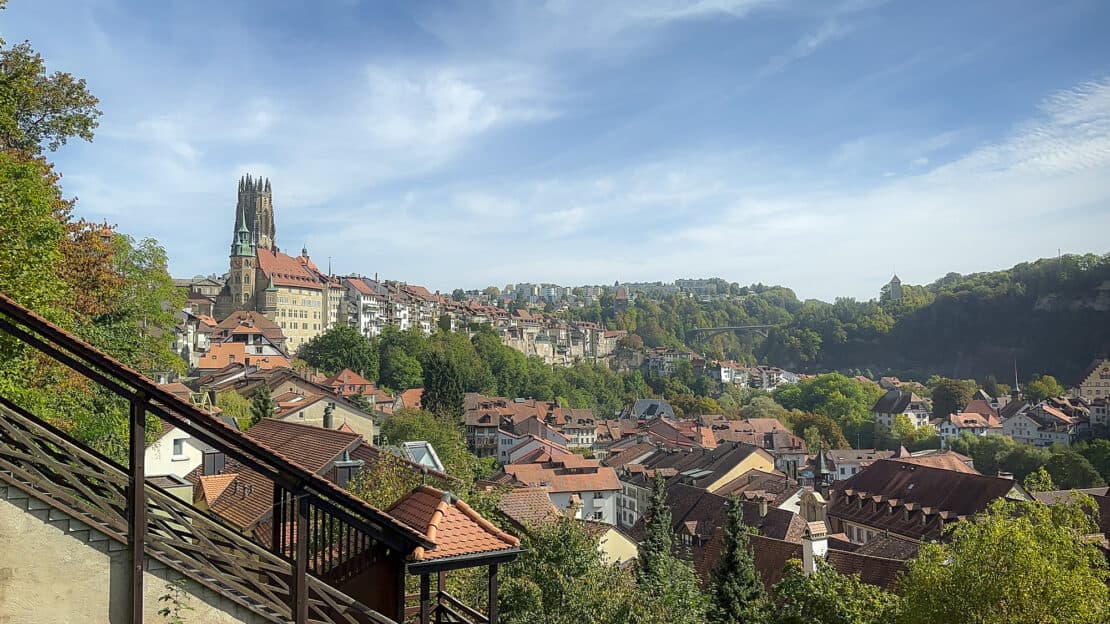 Skyline view of Fribourg Switzerland from the funicular