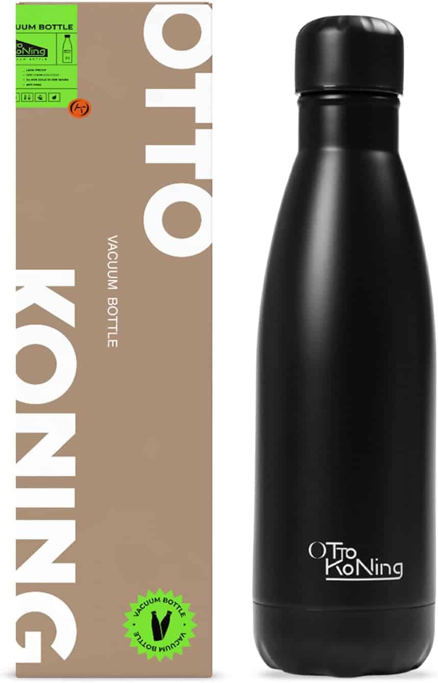 Black stainless steel water bottle with packaging 