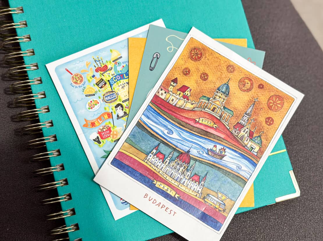 Postcards on a travel journal